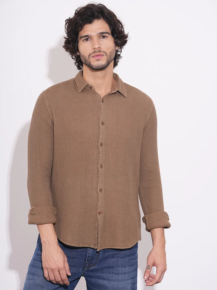 Orange Moderno Fit Regular Collar Long Sleeves Cotton Men's Shirt