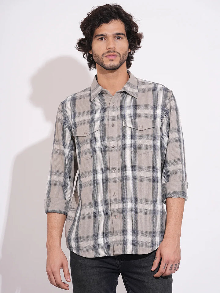 Beige Moderno Fit Regular Collar Long Sleeves Cotton Men's Shirt by Being Human Clothing