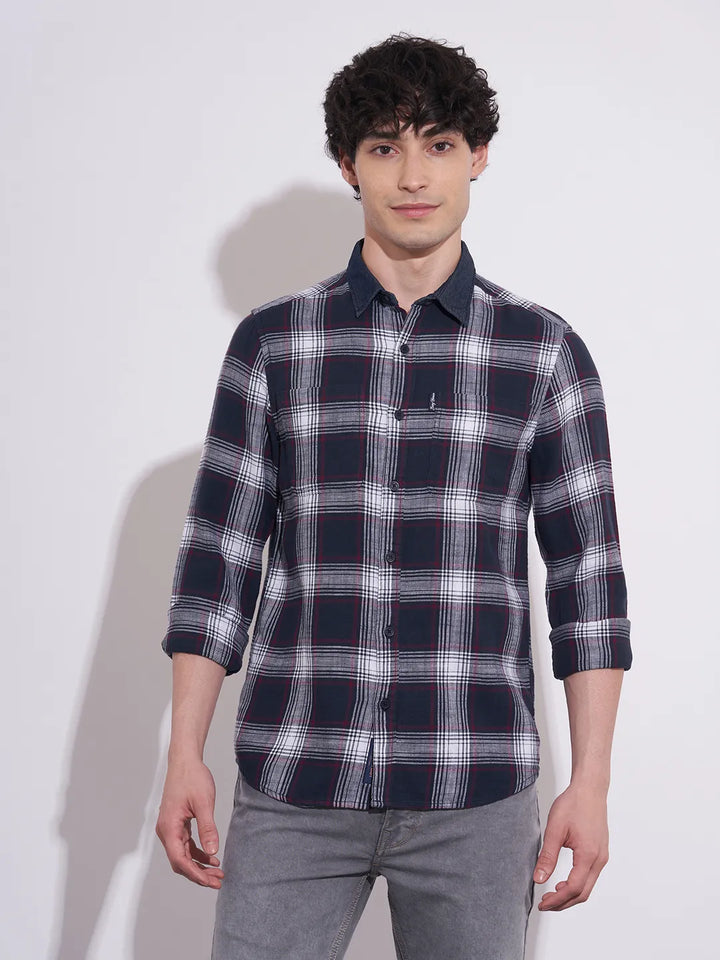 Blue Moderno Fit Regular Collar Long Sleeves Cotton Men's Shirt by Being Human Clothing