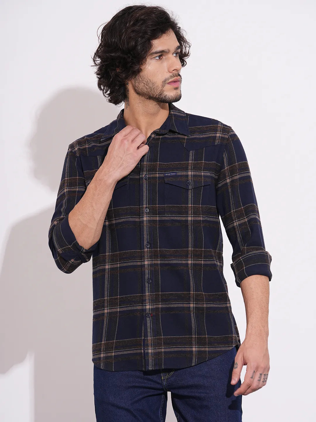 Being Human Men's Blue Flannel Spread Collar Shirt