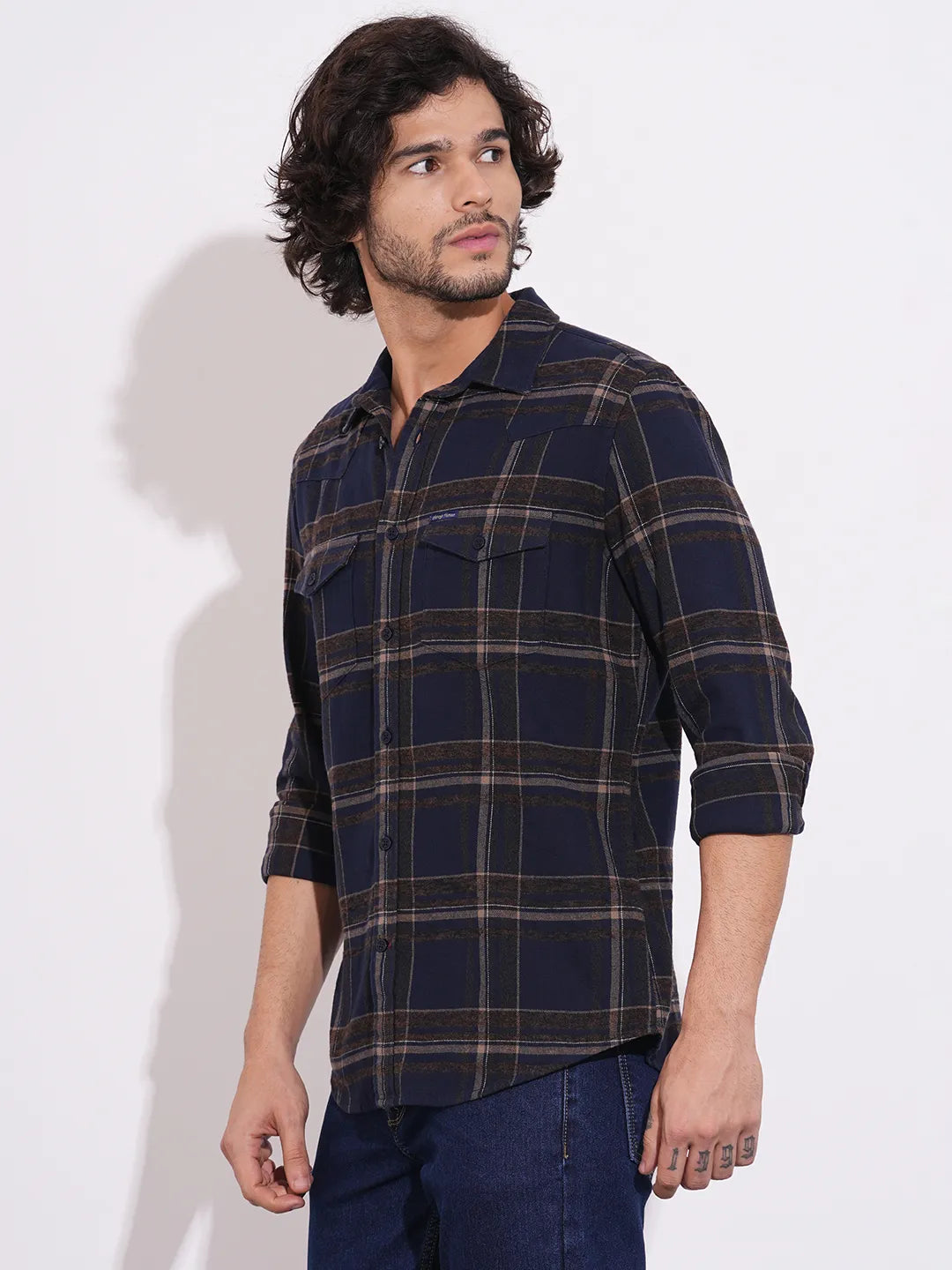 Being Human Men's Blue Flannel Spread Collar Shirt