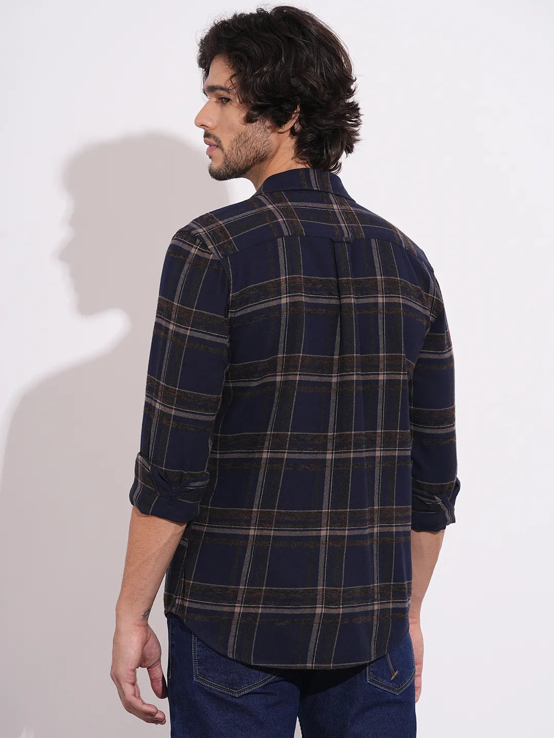 Being Human Men's Blue Flannel Spread Collar Shirt