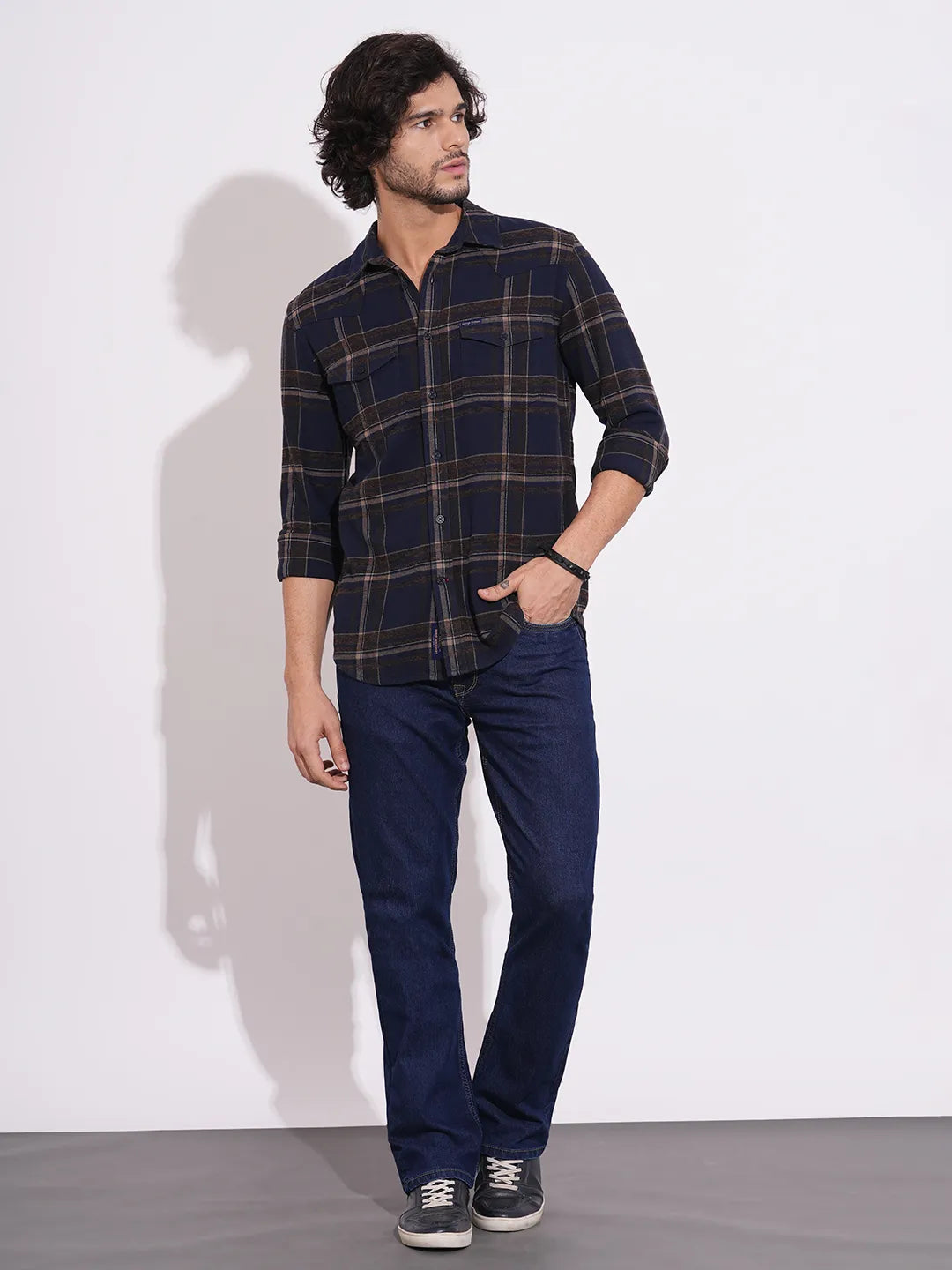 Being Human Men's Blue Flannel Spread Collar Shirt