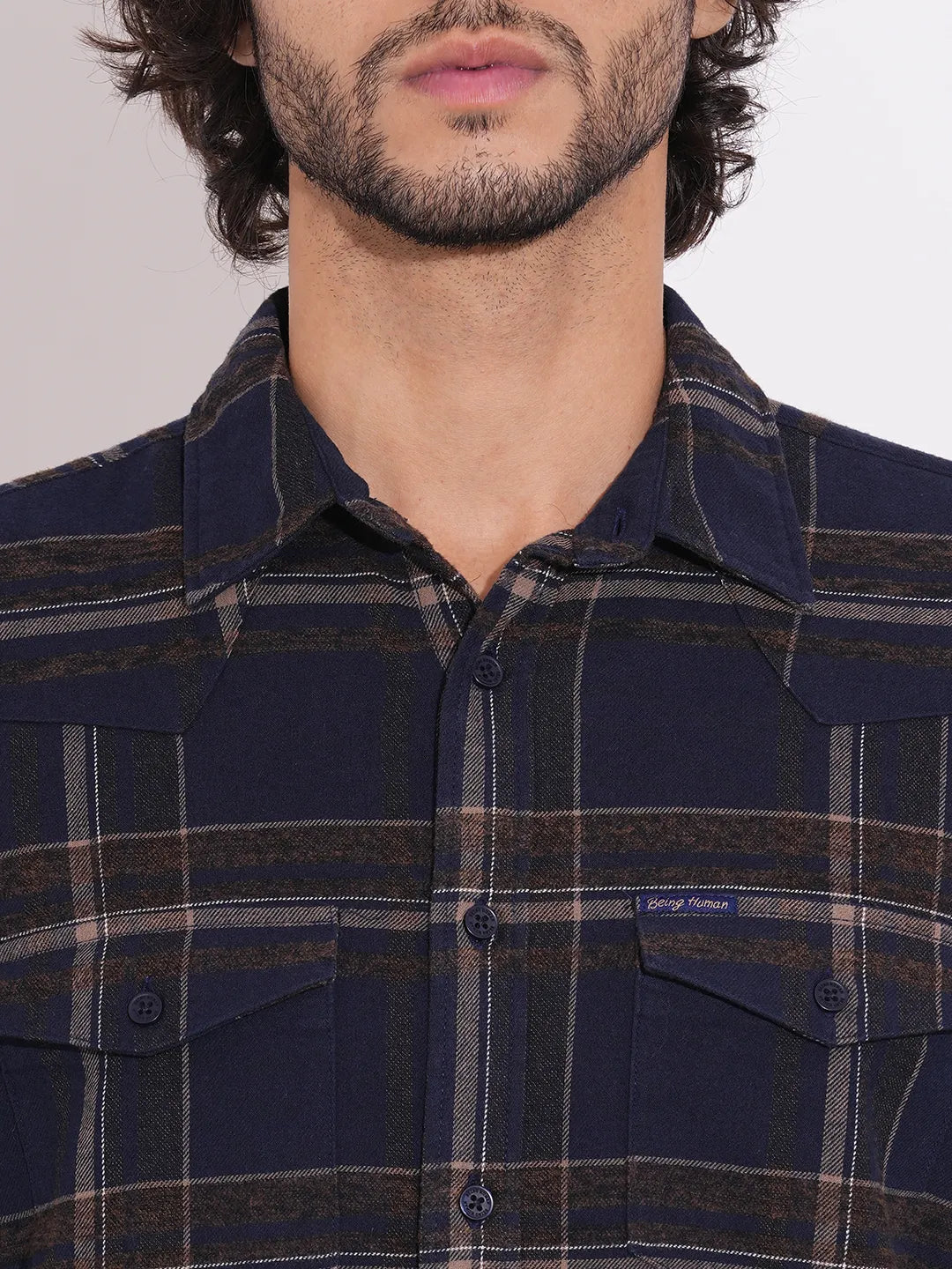 Being Human Men's Blue Flannel Spread Collar Shirt