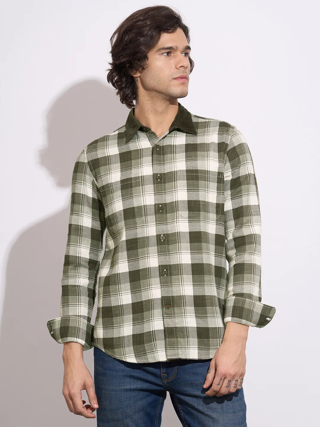 Men's Olive Checked Spread Collar Shirt by Being Human Clothing
