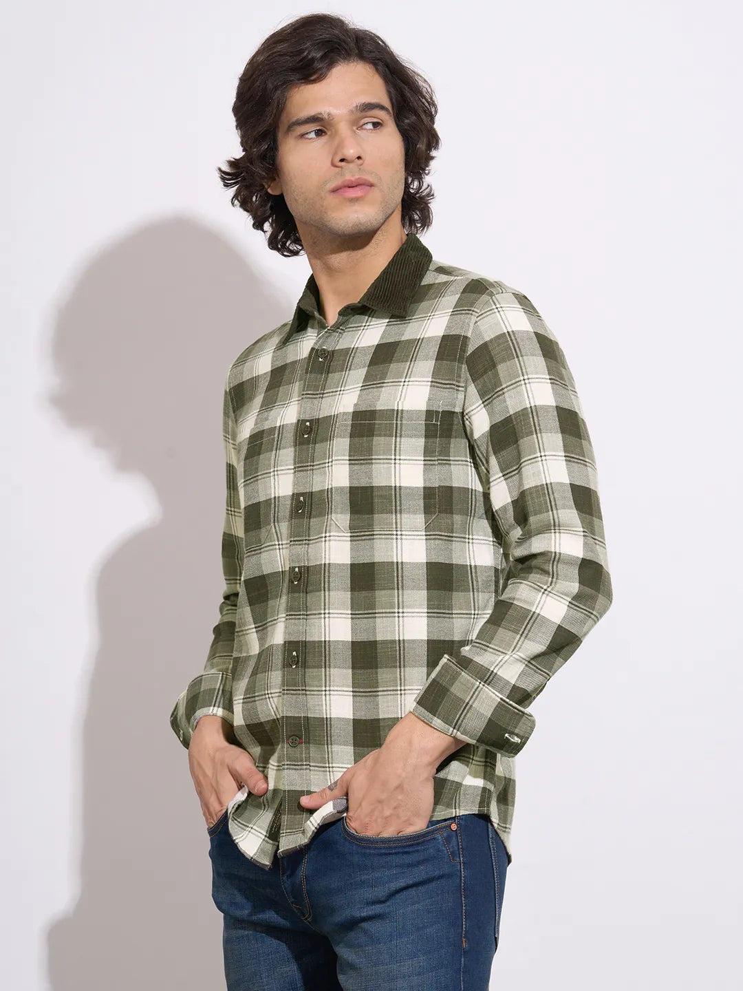 Men's Olive Checked Spread Collar Shirt by Being Human Clothing