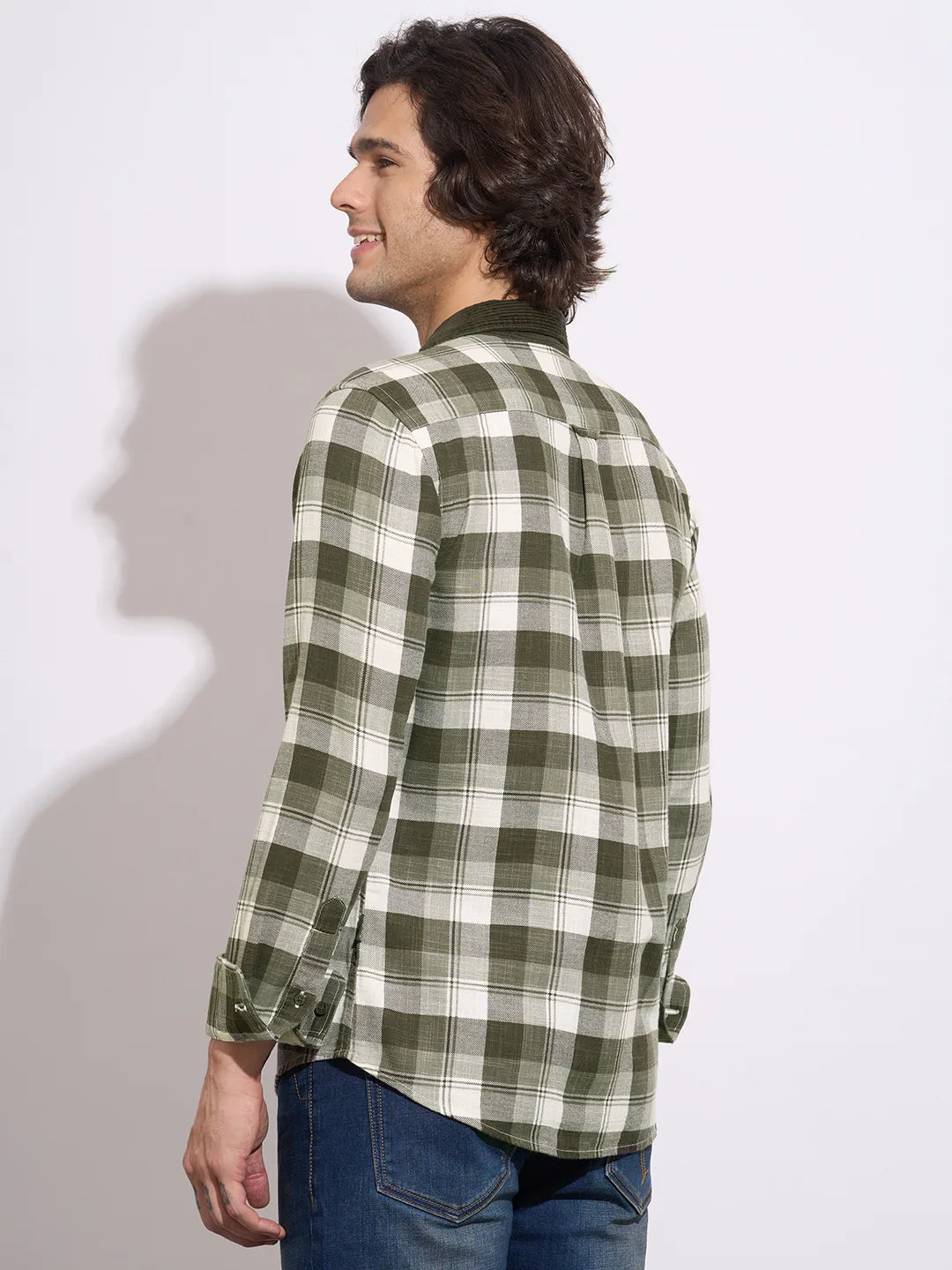 Men's Olive Checked Spread Collar Shirt by Being Human Clothing