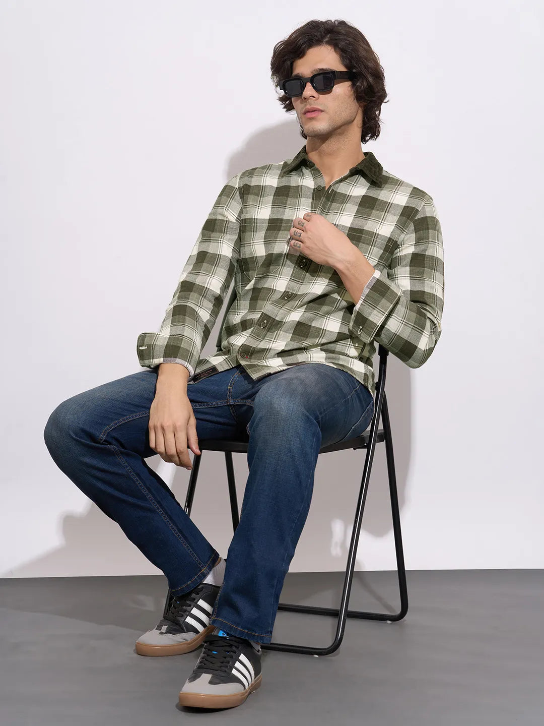 Men's Olive Checked Spread Collar Shirt by Being Human Clothing