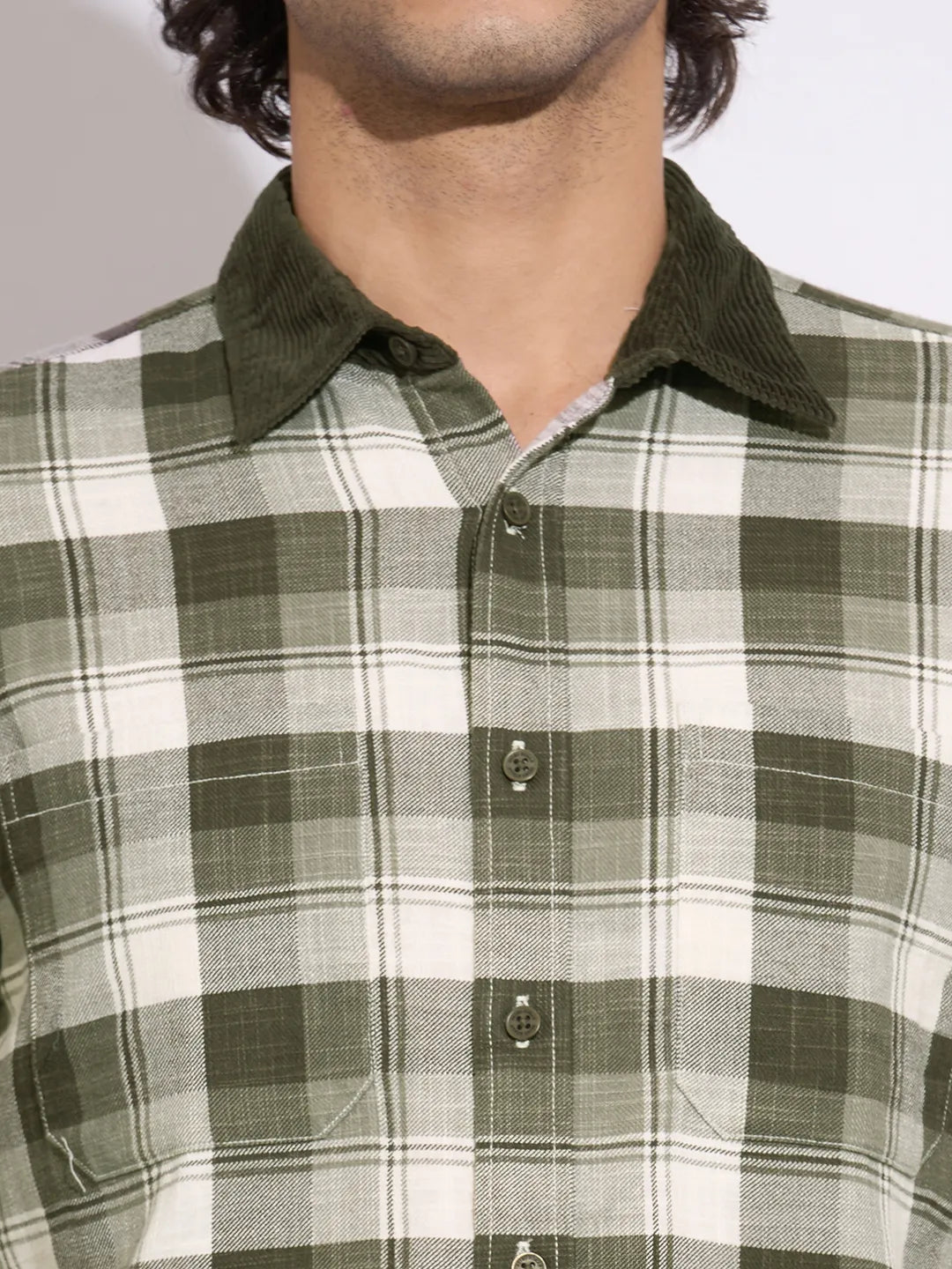Men's Olive Checked Spread Collar Shirt by Being Human Clothing