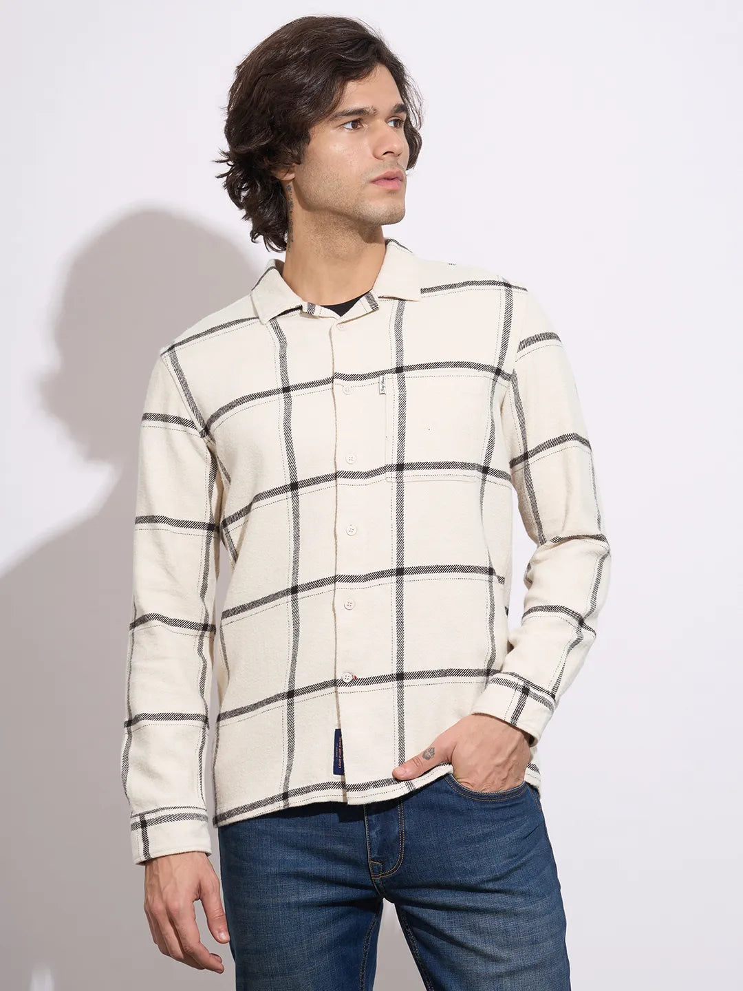 Being Human Men's Off-White Checked Camp Collar Shirt