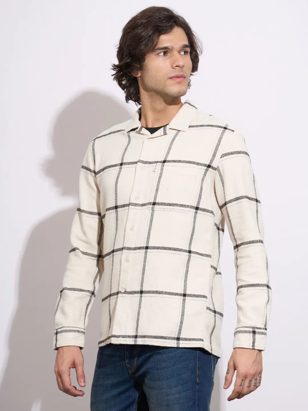 Being Human Men's Off-White Checked Camp Collar Shirt