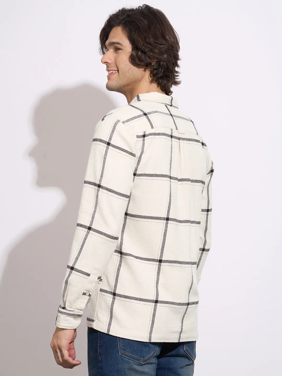 Being Human Men's Off-White Checked Camp Collar Shirt