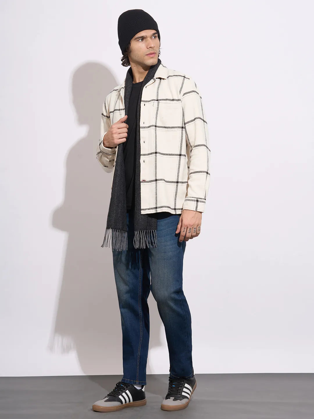 Being Human Men's Off-White Checked Camp Collar Shirt