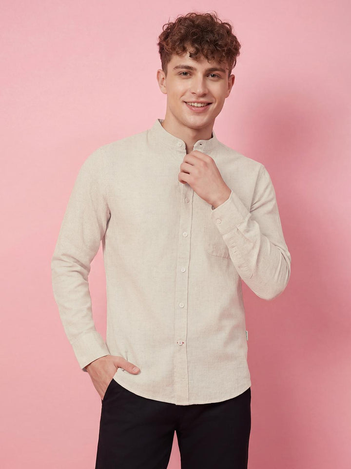 Beige Moderno Fit Full Sleeve Mandarin Collar Men's Shirt