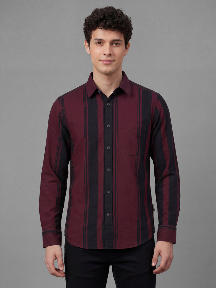 Maroon & Black Striped Full Sleeve Pure Cotton Men's Shirt