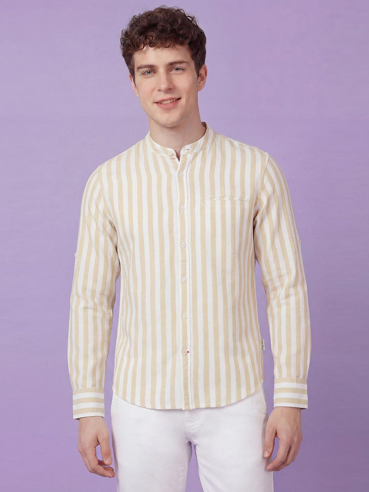 Beige Moderno Fit Full Sleeve Mandarin Collar Men's Shirt by Being Human Clothing