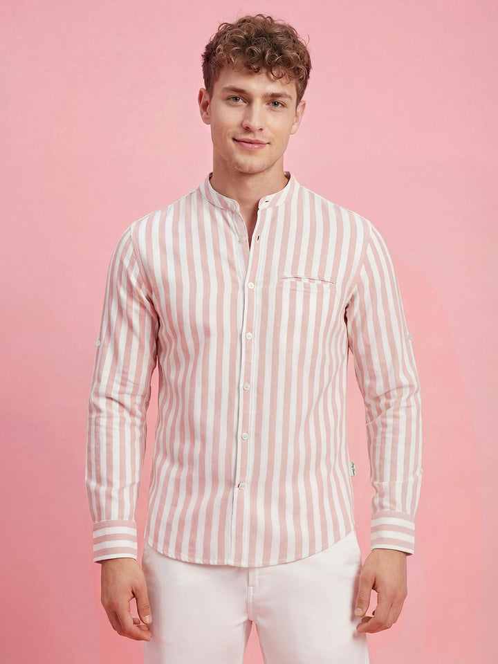 Pink & White Stripes Full Sleeve Mandarin Collar Men's Shirt