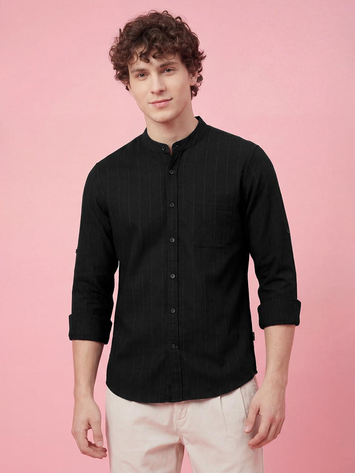 Black Moderno Fit Full Sleeve Mandarin Collar Men's Shirt by Being Human Clothing