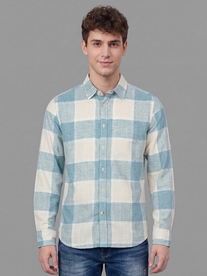 White & Teal Checkered Full Sleeve Spread Collar Men's Shirt by Being Human Clothing
