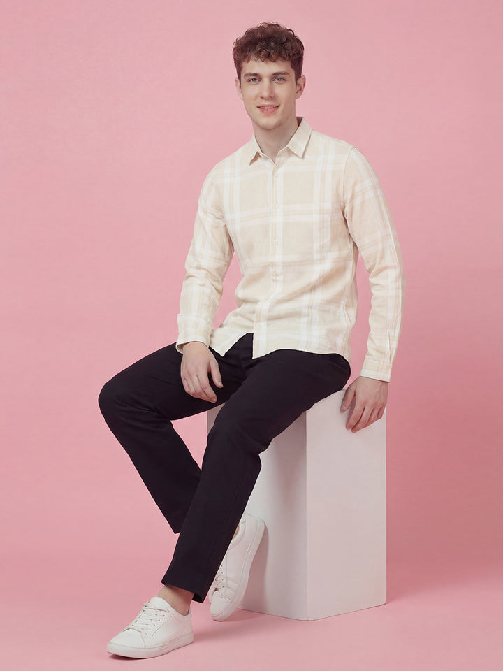 Beige Checkered Moderno Fit Full Sleeve Collar Men's Shirt by Being Human Clothing