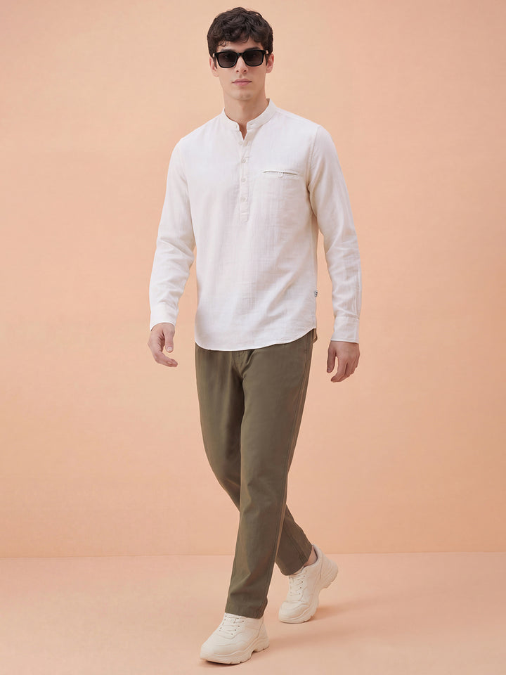White Woven Design Moderno Fit Full Sleeve Mandarin Collar Pure Cotton Men's Shirt by Being Human Clothing