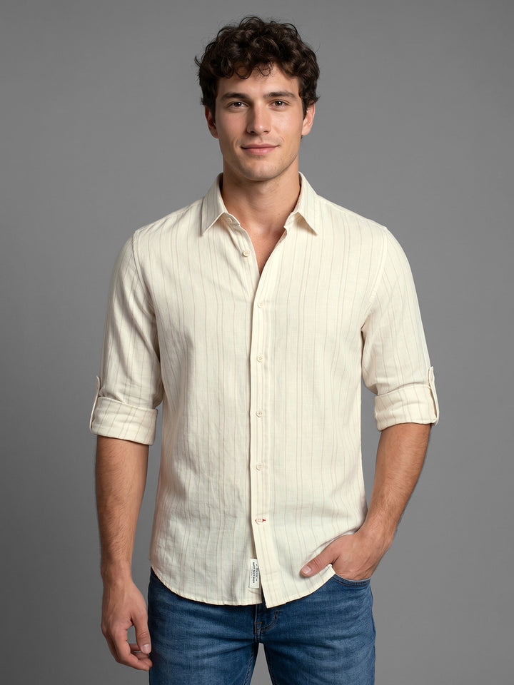Beige Moderno Fit Striped Long Sleeves Polo Collar Men's Shirt by Being Human Clothing