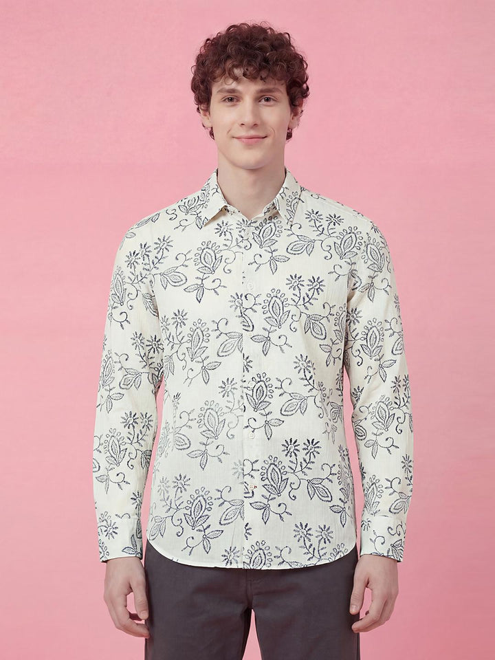 White Ethnic Motifs Full Sleeve Men's Shirt
