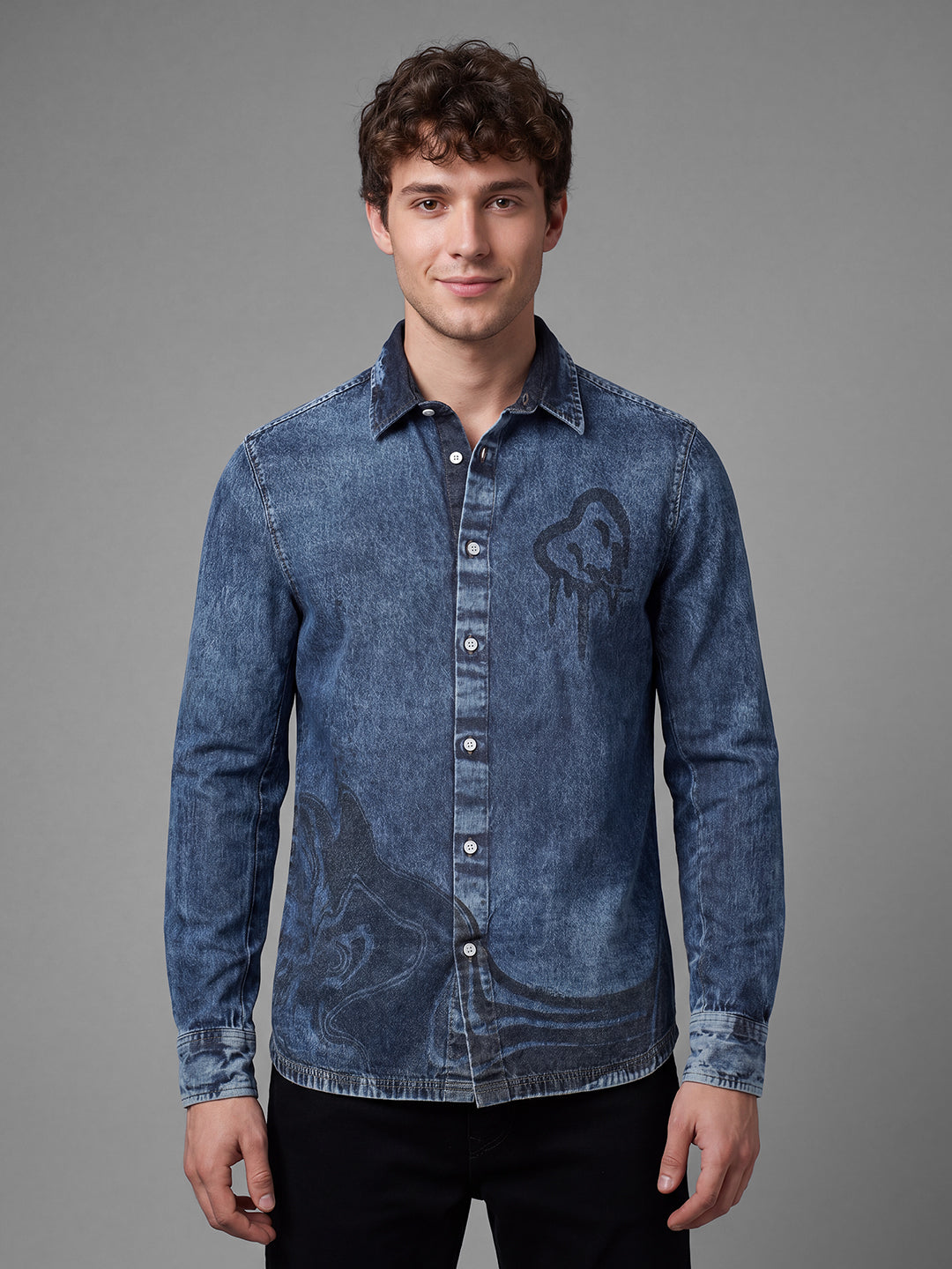 Blue Moderno Fit Washed Long Sleeves Polo Collar Men's Shirt by Being Human Clothing