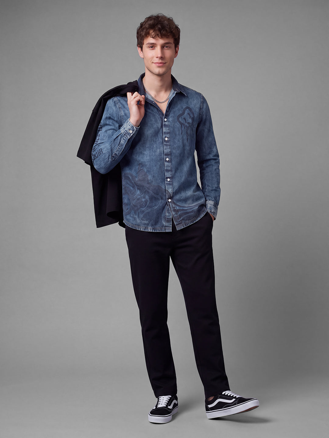 Blue Moderno Fit Washed Long Sleeves Polo Collar Men's Shirt by Being Human Clothing