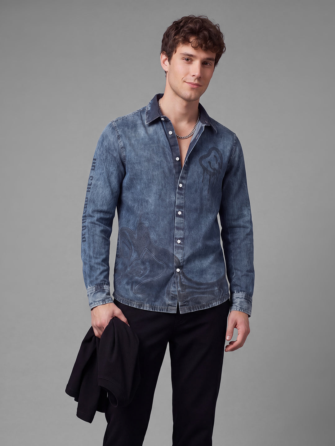 Blue Moderno Fit Washed Long Sleeves Polo Collar Men's Shirt by Being Human Clothing