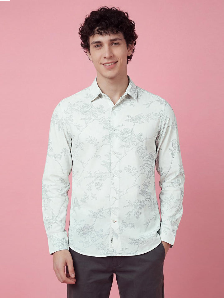 White Floral Full Sleeve Men's Shirt