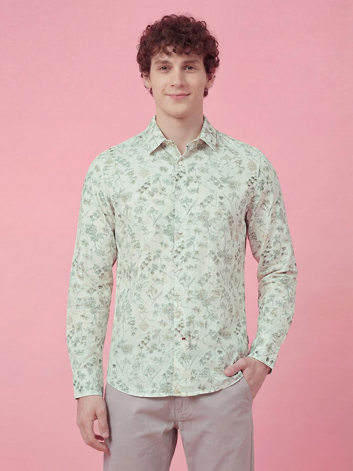 White Floral Printed Full Sleeve Men's Shirt