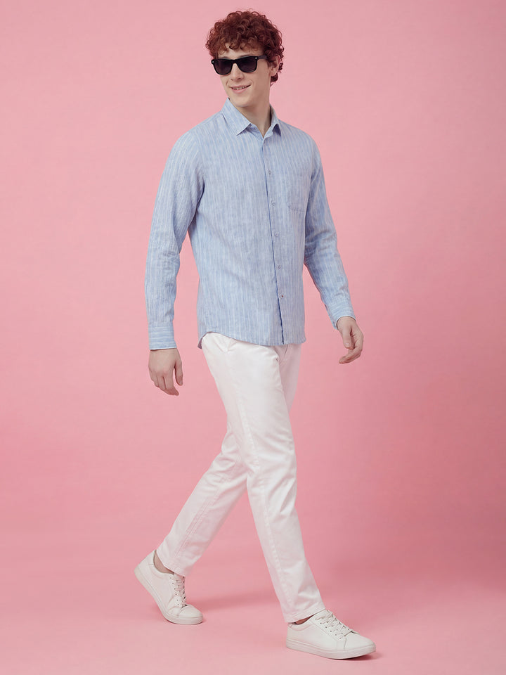 Blue Striped Moderno Fit Full Sleeve Collar Pure Cotton Men's Shirt by Being Human Clothing