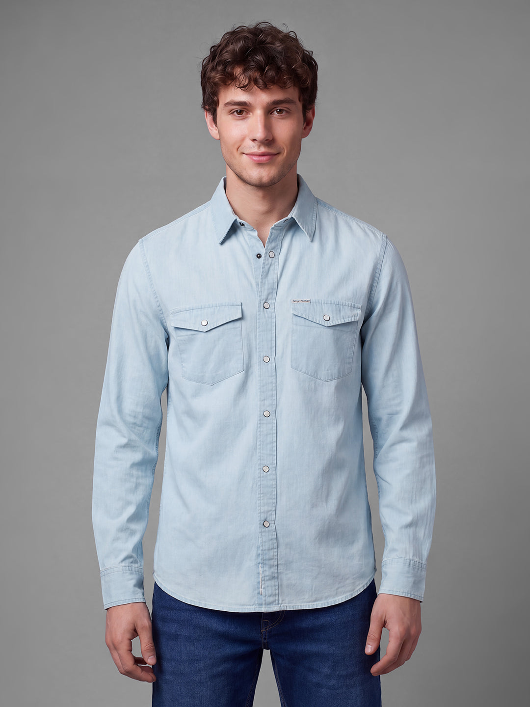 Blue Moderno Fit Solid Long Sleeves Polo Collar Men's Shirt by Being Human Clothing