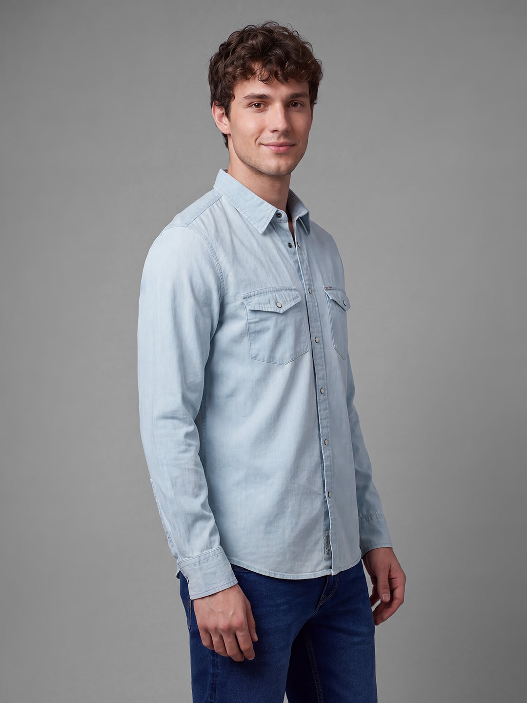 Blue Moderno Fit Solid Long Sleeves Polo Collar Men's Shirt by Being Human Clothing