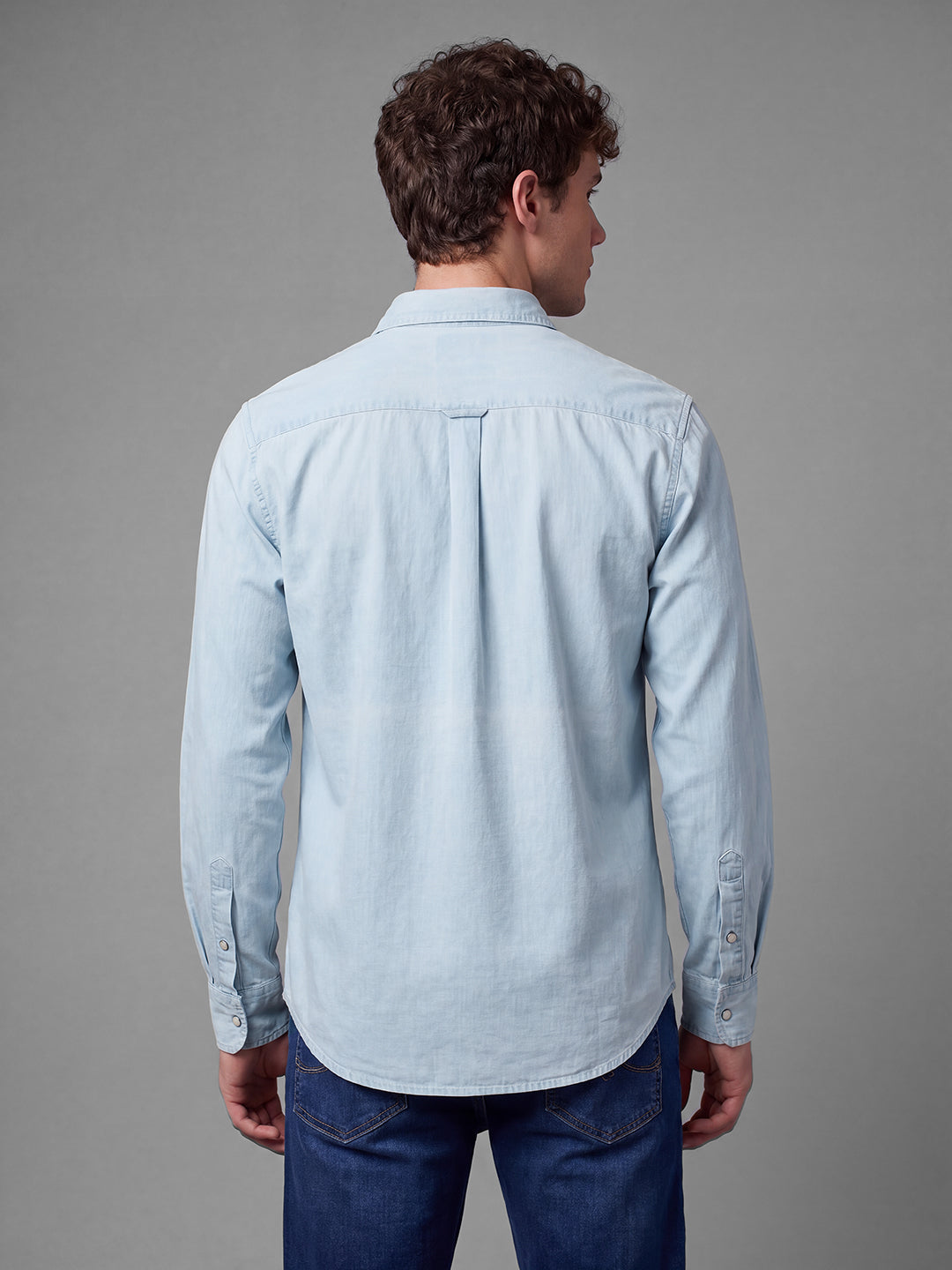 Blue Moderno Fit Solid Long Sleeves Polo Collar Men's Shirt by Being Human Clothing