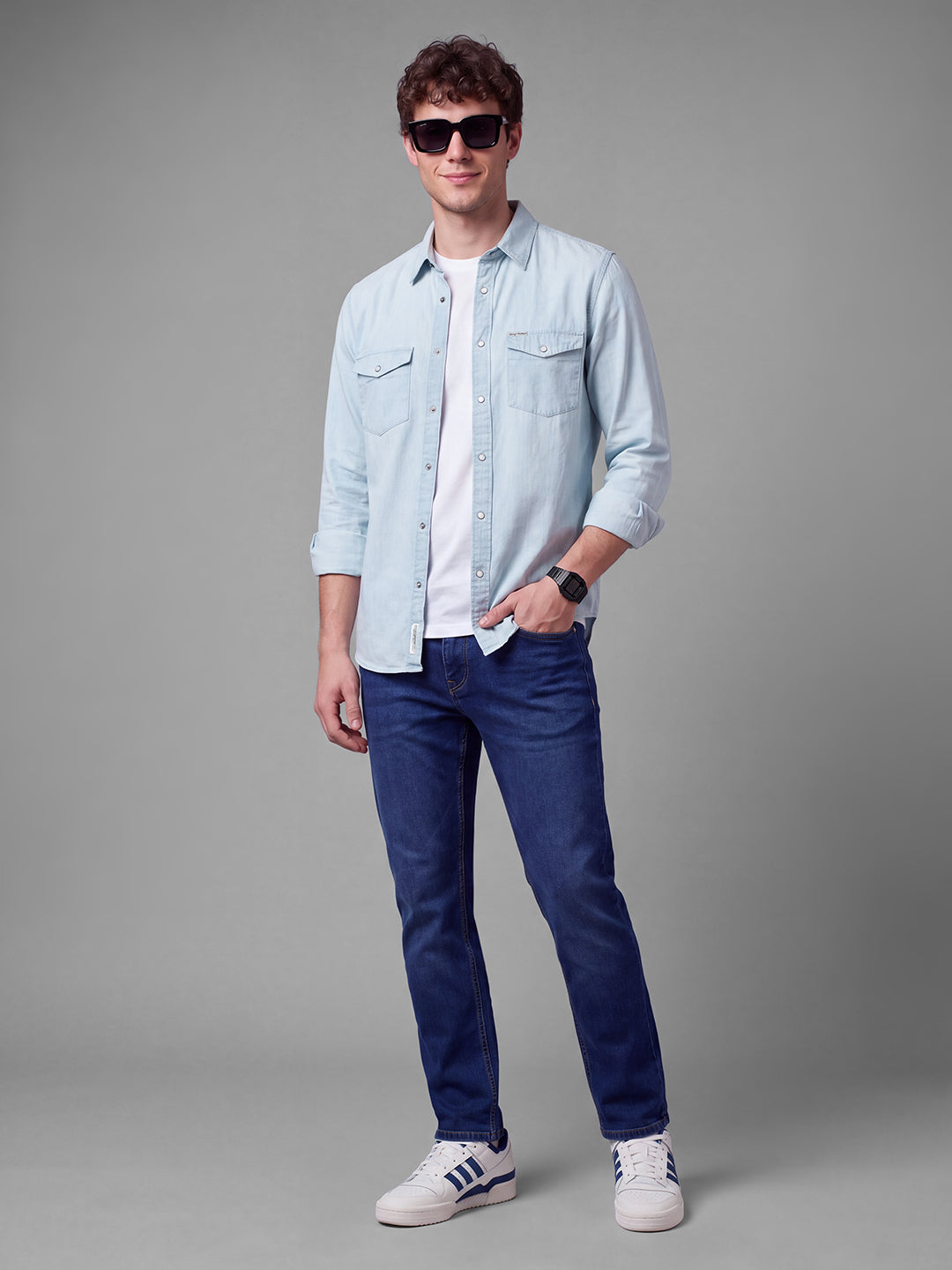 Blue Moderno Fit Solid Long Sleeves Polo Collar Men's Shirt by Being Human Clothing