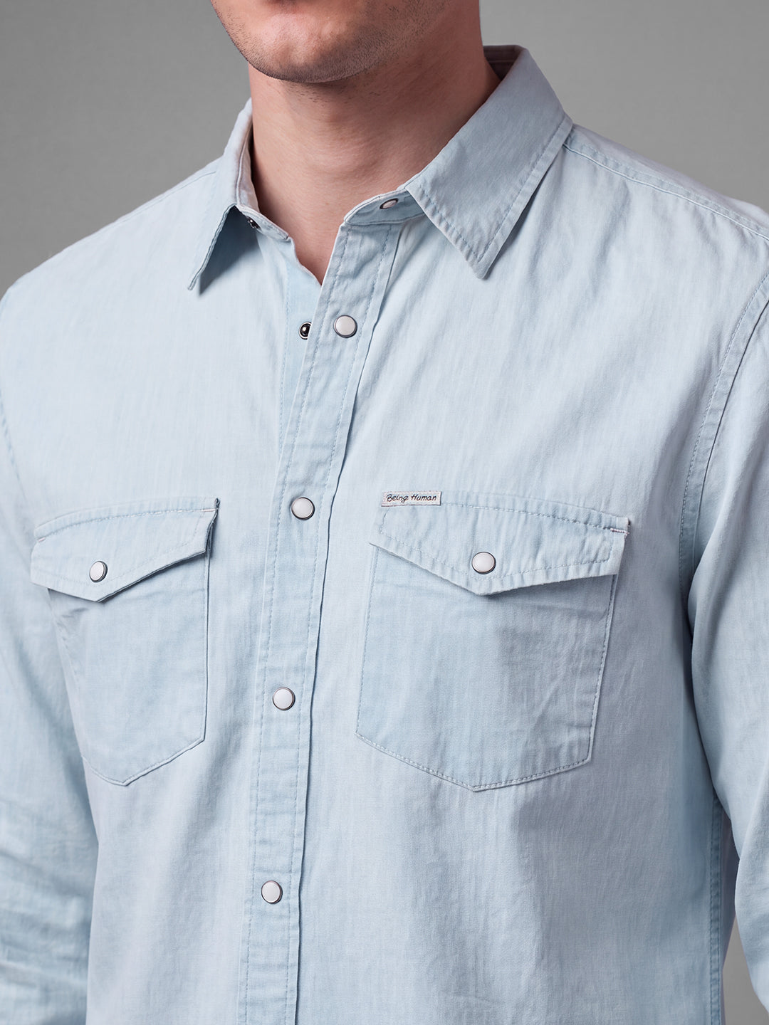 Blue Moderno Fit Solid Long Sleeves Polo Collar Men's Shirt by Being Human Clothing