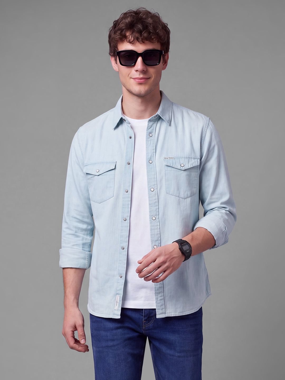 Blue Moderno Fit Solid Long Sleeves Polo Collar Men's Shirt by Being Human Clothing