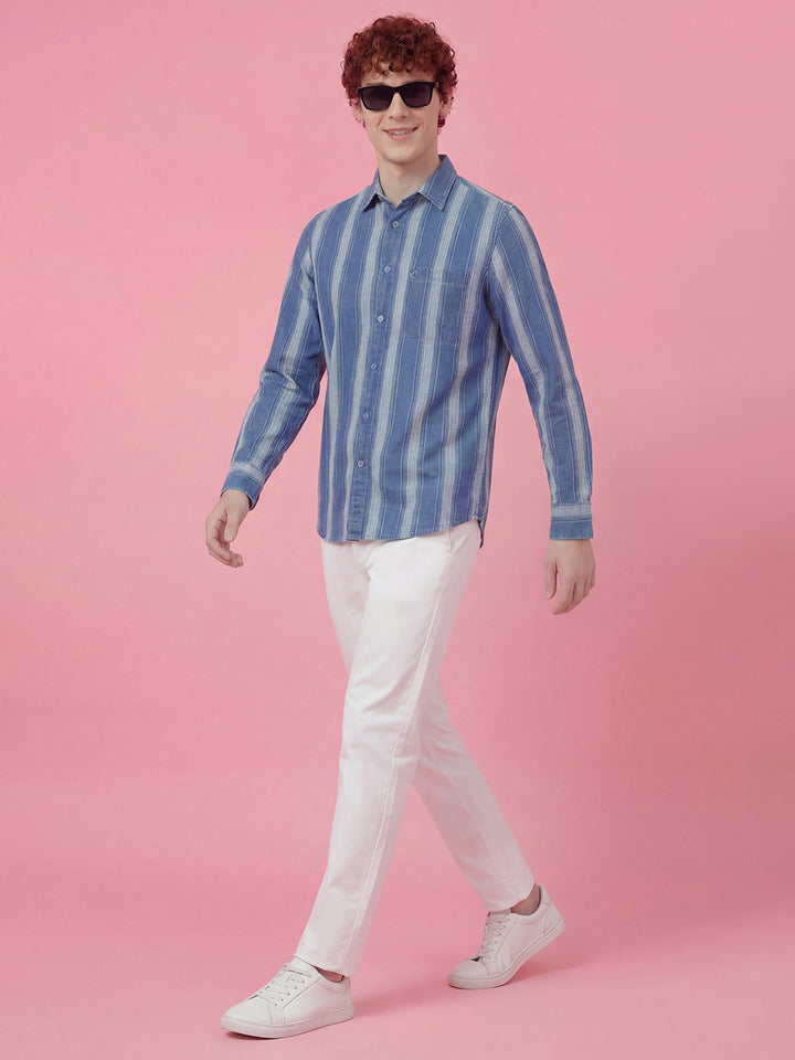 Blue Striped Moderno Fit Full Sleeve Collar Pure Cotton Men's Shirt by Being Human Clothing