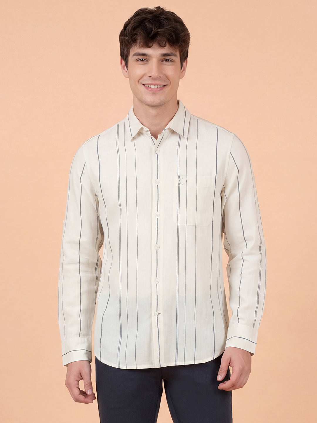 Beige Striped Moderno Fit Full Sleeve Collar Pure Cotton Men's Shirt by Being Human Clothing