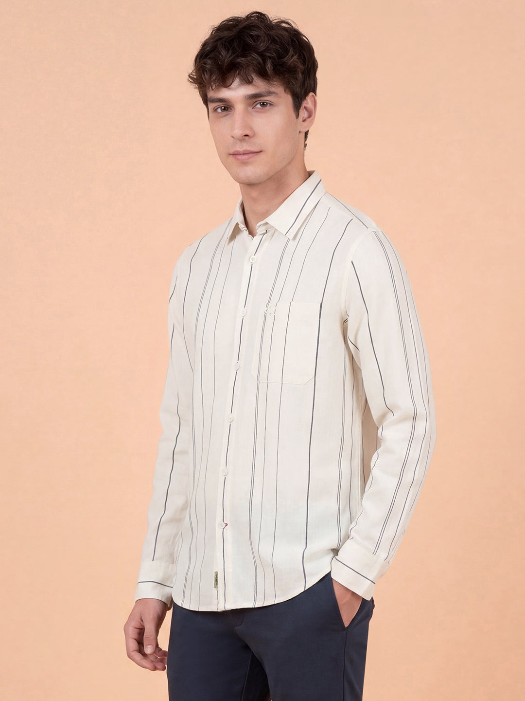 Beige Striped Moderno Fit Full Sleeve Collar Pure Cotton Men's Shirt by Being Human Clothing