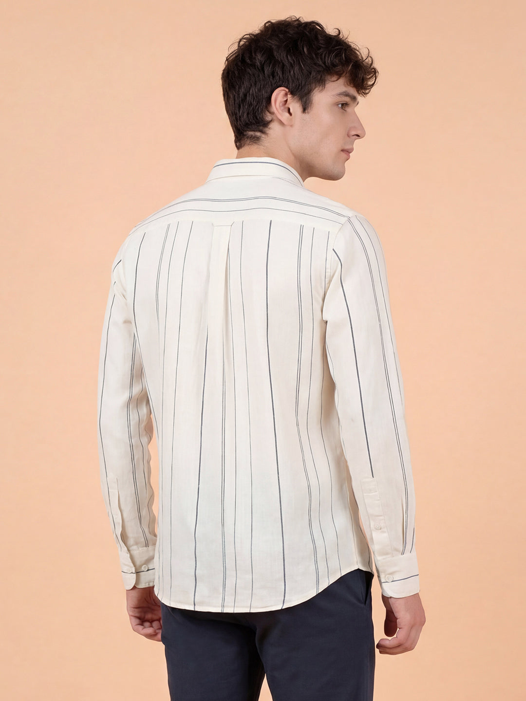 Beige Striped Moderno Fit Full Sleeve Collar Pure Cotton Men's Shirt by Being Human Clothing