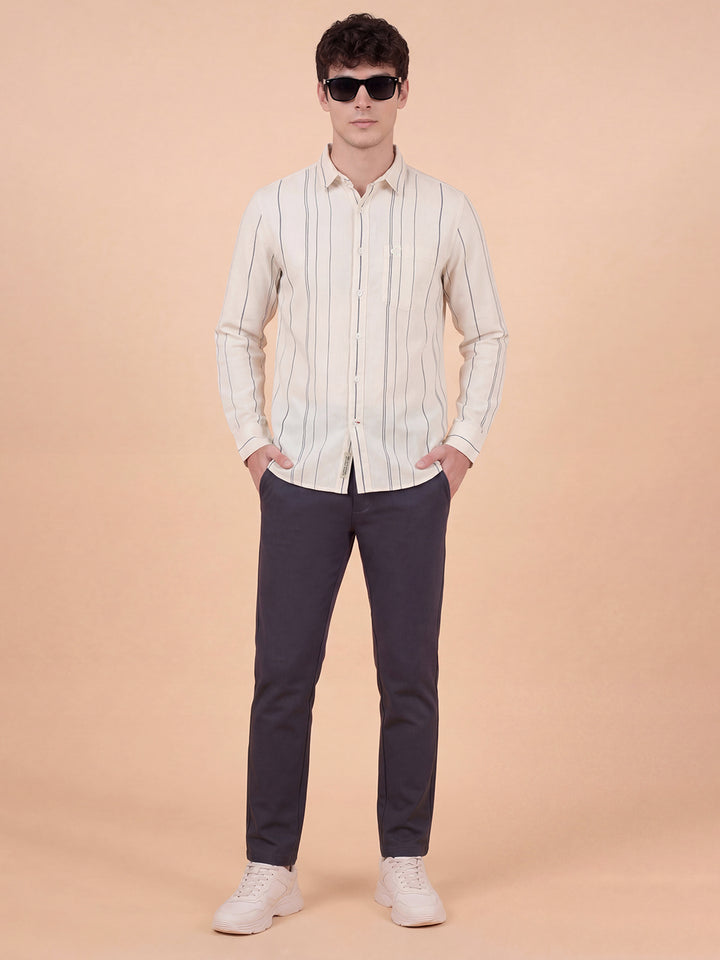 Beige Striped Moderno Fit Full Sleeve Collar Pure Cotton Men's Shirt by Being Human Clothing