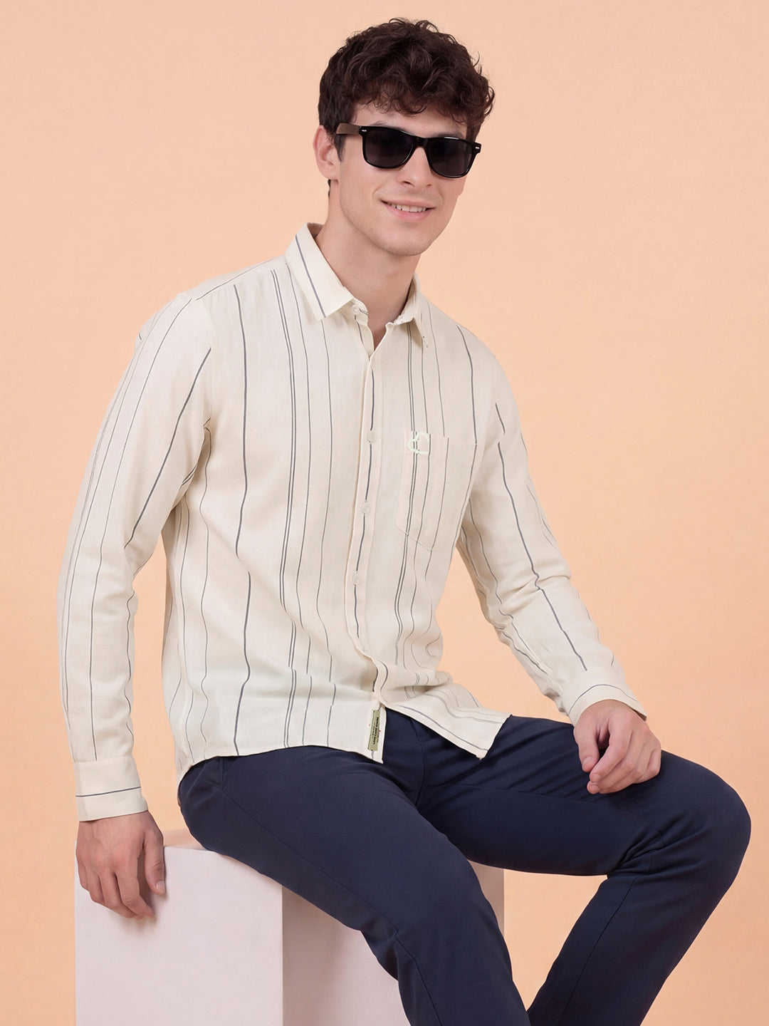 Beige Striped Moderno Fit Full Sleeve Collar Pure Cotton Men's Shirt by Being Human Clothing