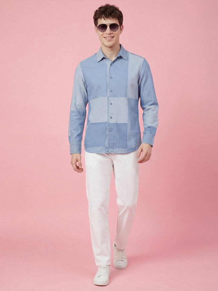 Blue Color Block Moderno Fit Full Sleeve Collar Pure Cotton Men's Shirt by Being Human Clothing