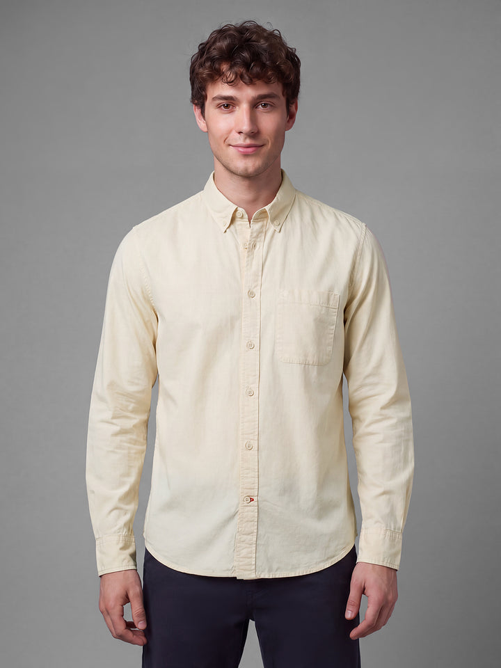 Beige Moderno Fit Solid Long Sleeves Polo Collar Men's Shirt by Being Human Clothing