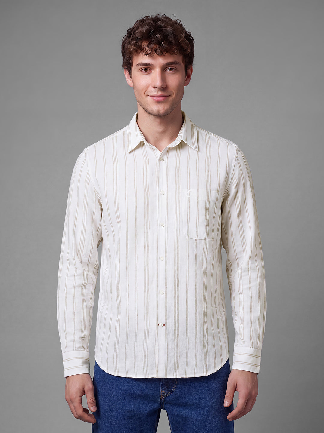 Off White Moderno Fit Striped Long Sleeves Polo Collar Men's Shirt by Being Human Clothing