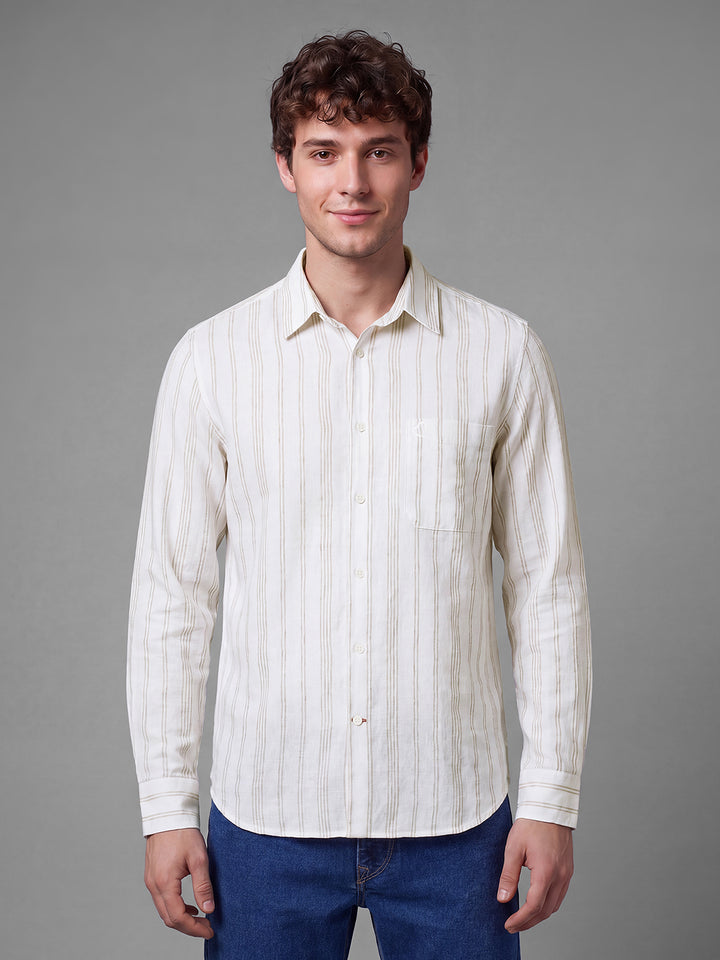 Off White Moderno Fit Striped Long Sleeves Polo Collar Men's Shirt by Being Human Clothing