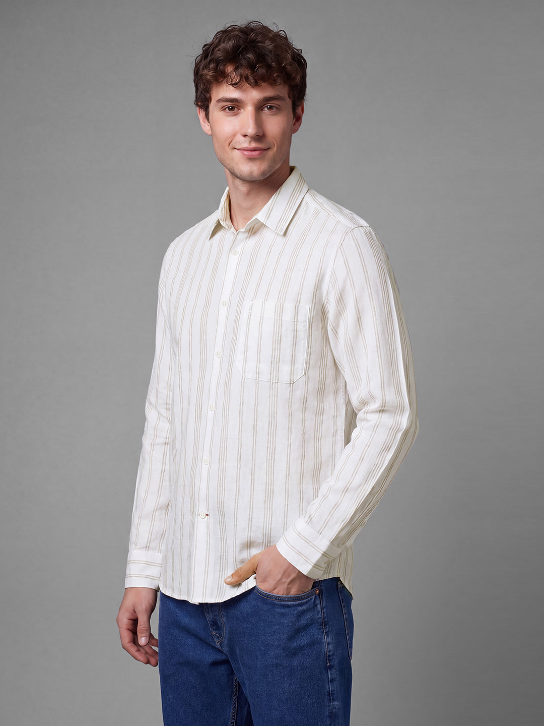 Off White Moderno Fit Striped Long Sleeves Polo Collar Men's Shirt by Being Human Clothing